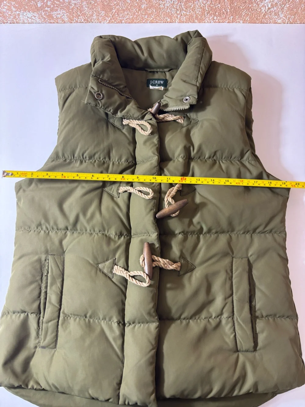 J. Crew Vintage Down Puffer Vest Toggle Rope Closures Preppy Cozy Green Sz Small
